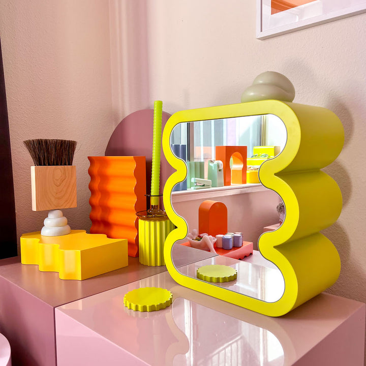 Bubbly Mirror is home decor mirror can be used for product display, product styling, product photography, home decor, and retail display, photo props, jewelry display. They are modular pieces made for help create to create scroll-stoping visual content 